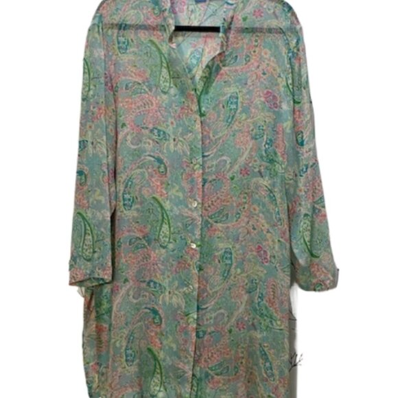 HALF MOON BAY Womens 100% Silk Sheer Pastel Paisley Tunic Blouse Sz XL Button Up - Picture 2 of 6